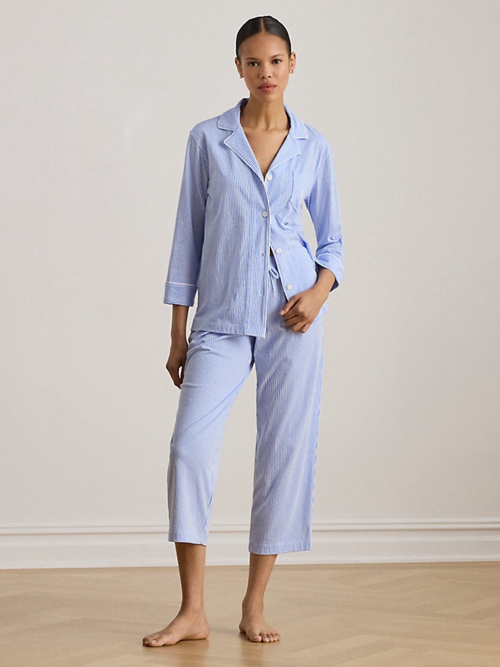 Ralph Lauren NWT Two-Piece Pajama Set 100% Cotton Blue Stripe Button-Up + Capris